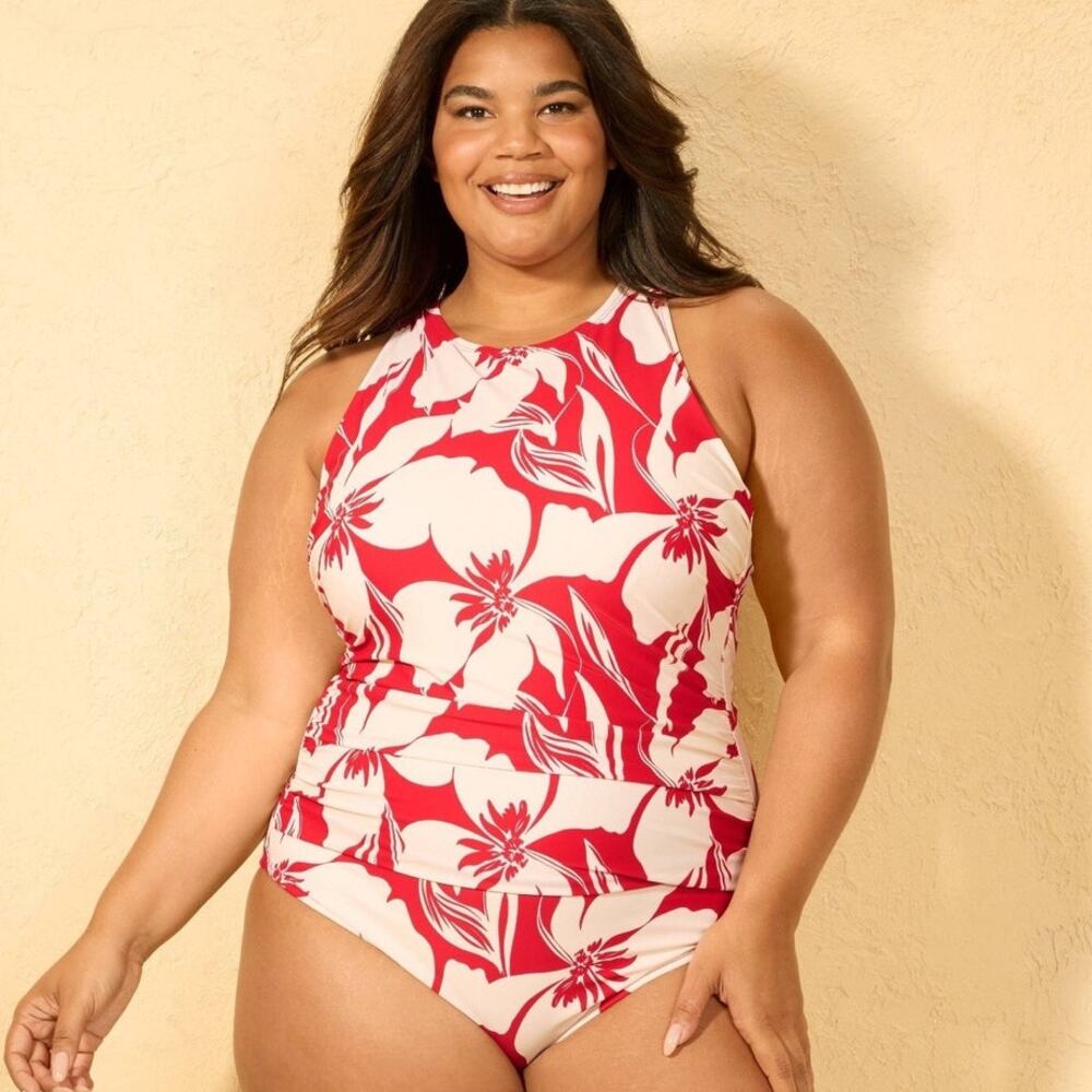 Shade & Shore Swimsuit One Piece High Neck Red and White Floral Women's size 22